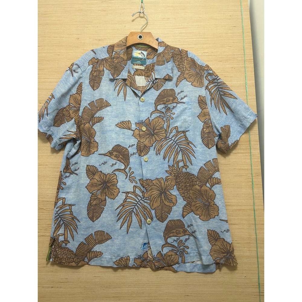 Tommy Bahama Mens Hawaiian Shirt Blue Brown Floral Pineapple Fish Size‎ L